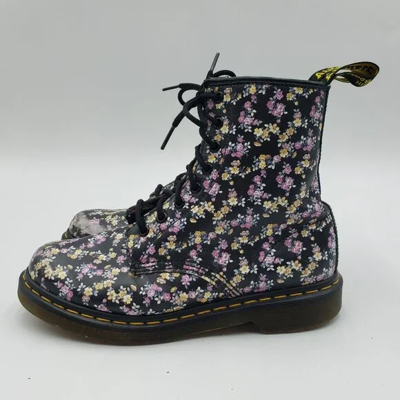 Dr. Martens Black Floral Combat Boots - Picture 2 of 11